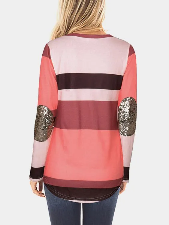 OEM ODM Round Neck Stripe Sequins Embellished Long Sleeve Curved Hem Pink T-Shirts