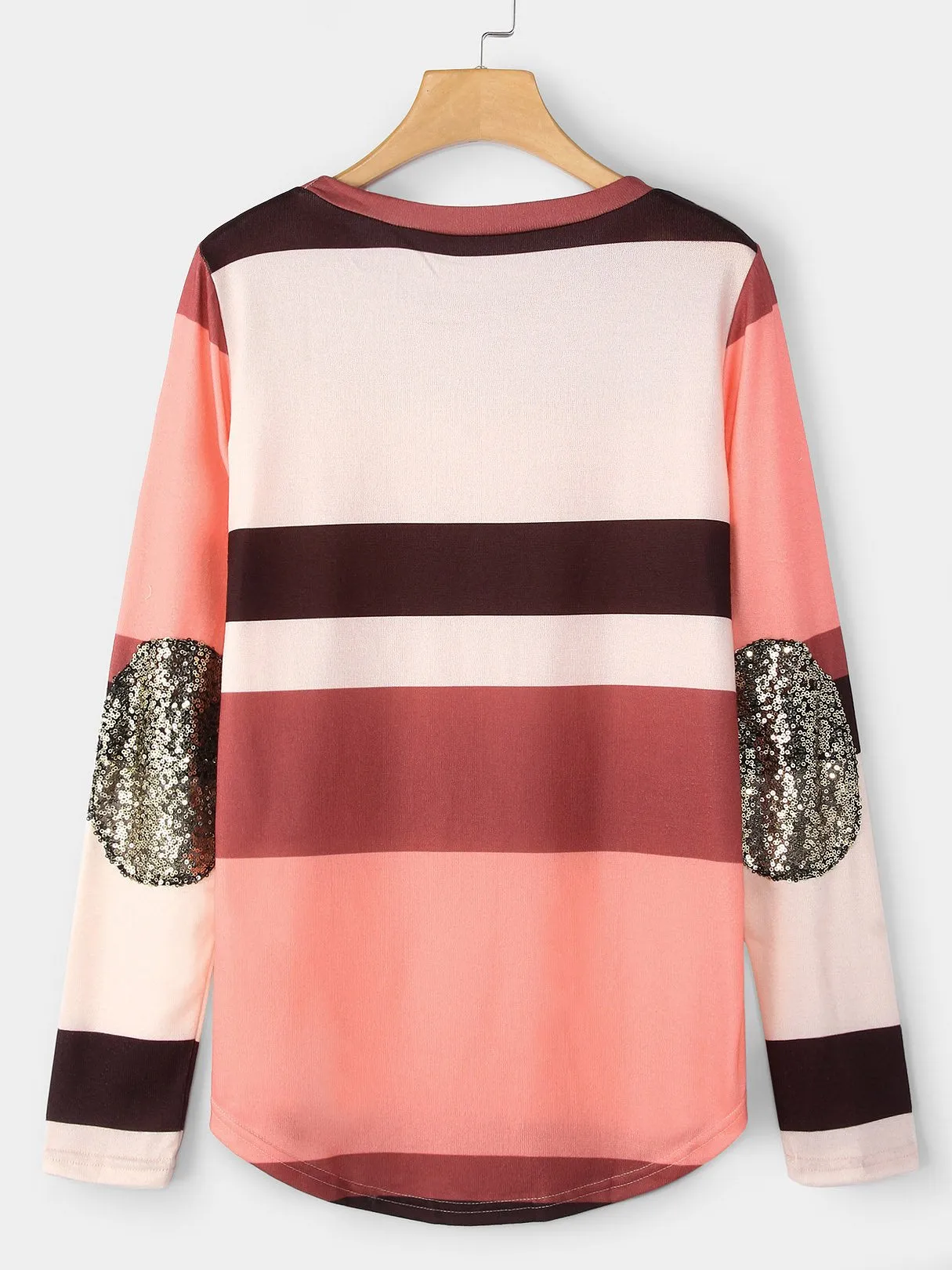 OEM ODM Round Neck Stripe Sequins Embellished Long Sleeve Curved Hem Pink T-Shirts