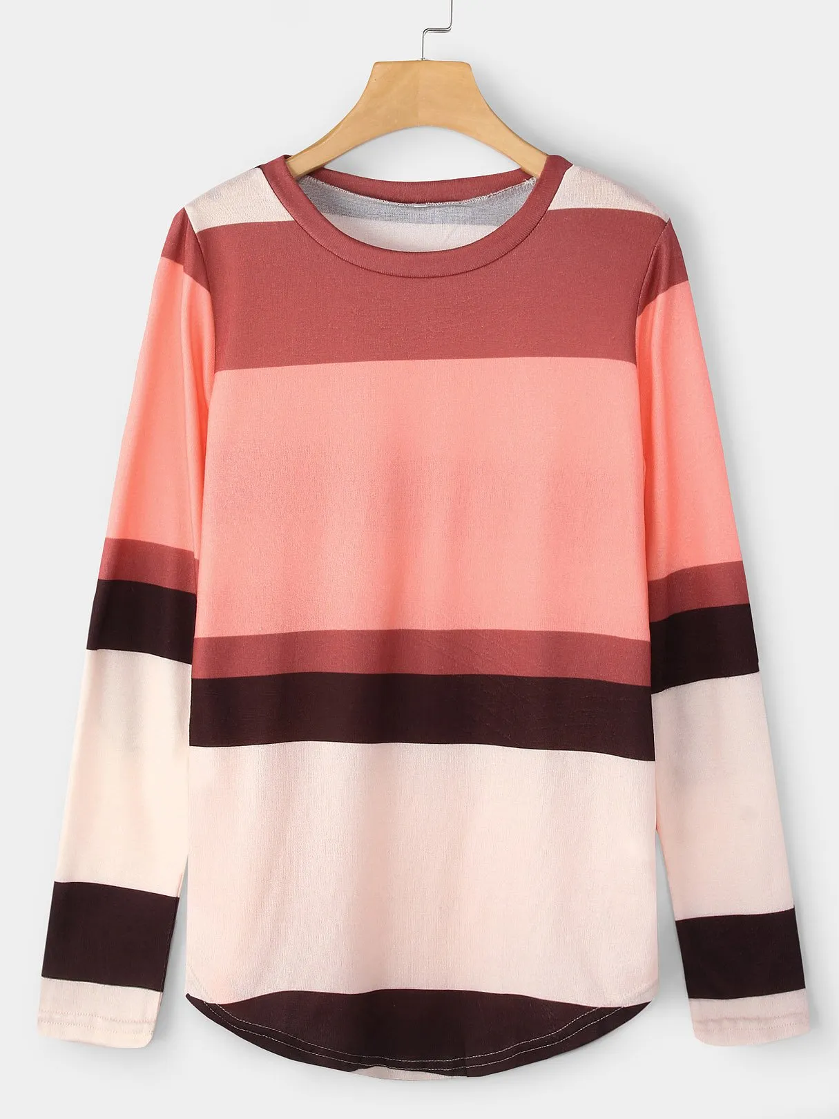 OEM ODM Round Neck Stripe Sequins Embellished Long Sleeve Curved Hem Pink T-Shirts