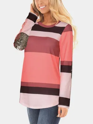 OEM ODM Round Neck Stripe Sequins Embellished Long Sleeve Curved Hem Pink T-Shirts