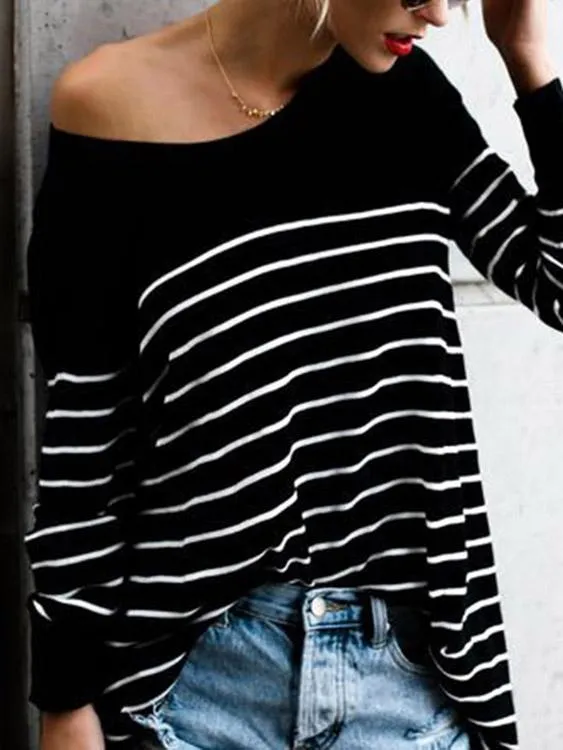 OEM ODM Stripe Long Sleeve Irregular Hem Black T-Shirts