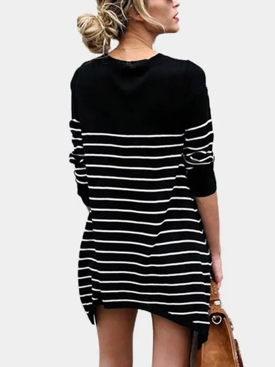 OEM ODM Stripe Long Sleeve Irregular Hem Black T-Shirts
