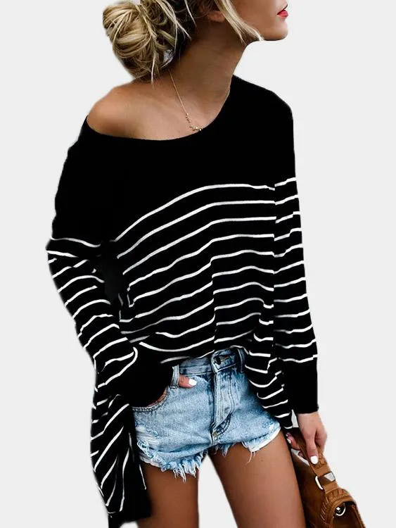 OEM ODM Stripe Long Sleeve Irregular Hem Black T-Shirts