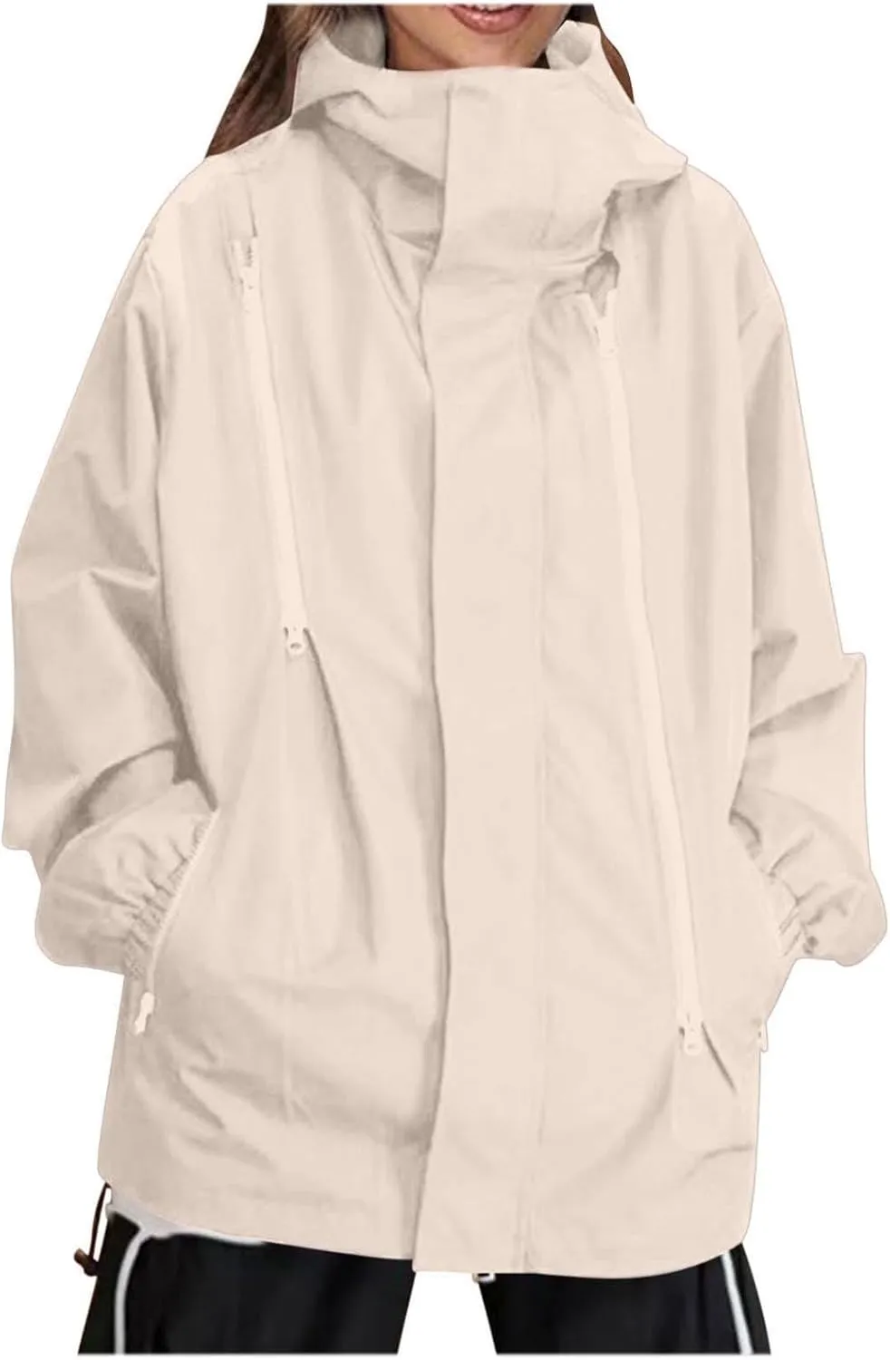 Oversized Waterproof Rain Jacket for Women Full Zip Up Lightweight Rain Coat Outdoor Windbreaker Hooded Coats