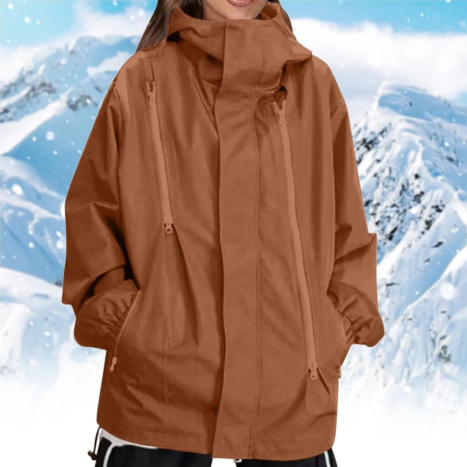 Oversized Waterproof Rain Jacket for Women Full Zip Up Lightweight Rain Coat Outdoor Windbreaker Hooded Coats