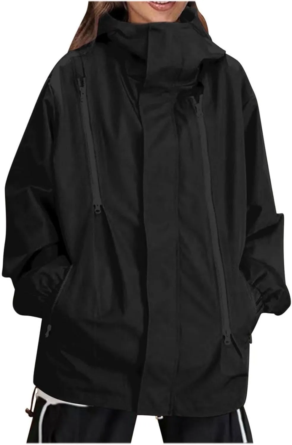 Oversized Waterproof Rain Jacket for Women Full Zip Up Lightweight Rain Coat Outdoor Windbreaker Hooded Coats