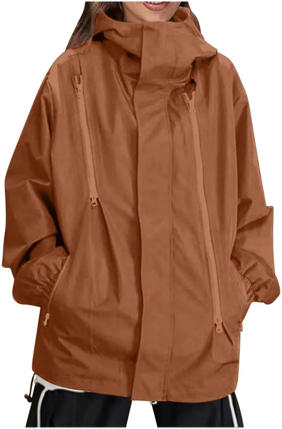 Oversized Waterproof Rain Jacket for Women Full Zip Up Lightweight Rain Coat Outdoor Windbreaker Hooded Coats