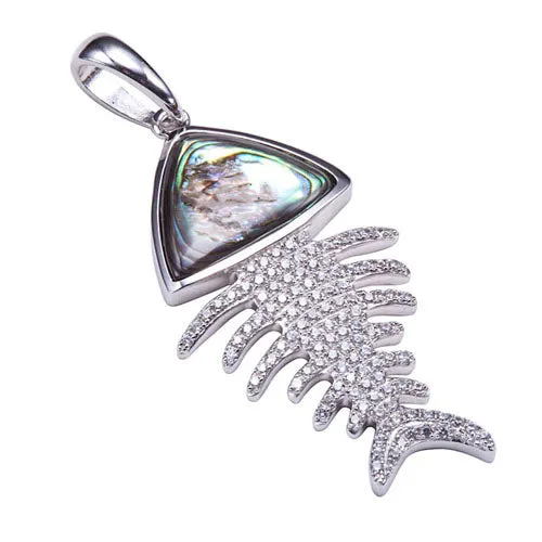 Pave CZ Fish Bone Sterling Silver Pendant with Abalone Inlay(Chain Sold Separately)