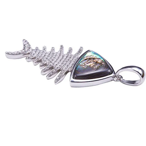 Pave CZ Fish Bone Sterling Silver Pendant with Abalone Inlay(Chain Sold Separately)