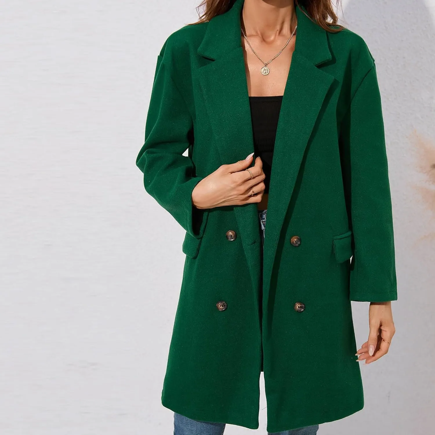 Peacoat Womens Coat Fashion Winter Notch Lapel Double Breasted Wool Blend Mid Long Pea Trench Coat Casual Outerwear
