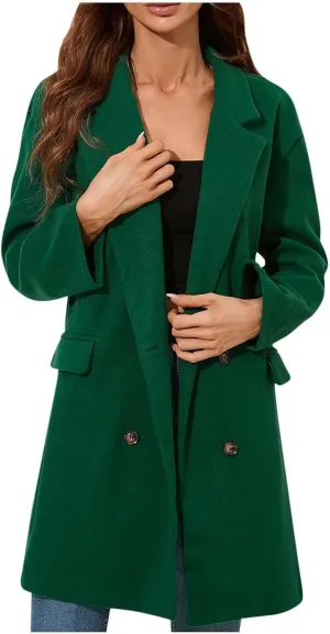 Peacoat Womens Coat Fashion Winter Notch Lapel Double Breasted Wool Blend Mid Long Pea Trench Coat Casual Outerwear