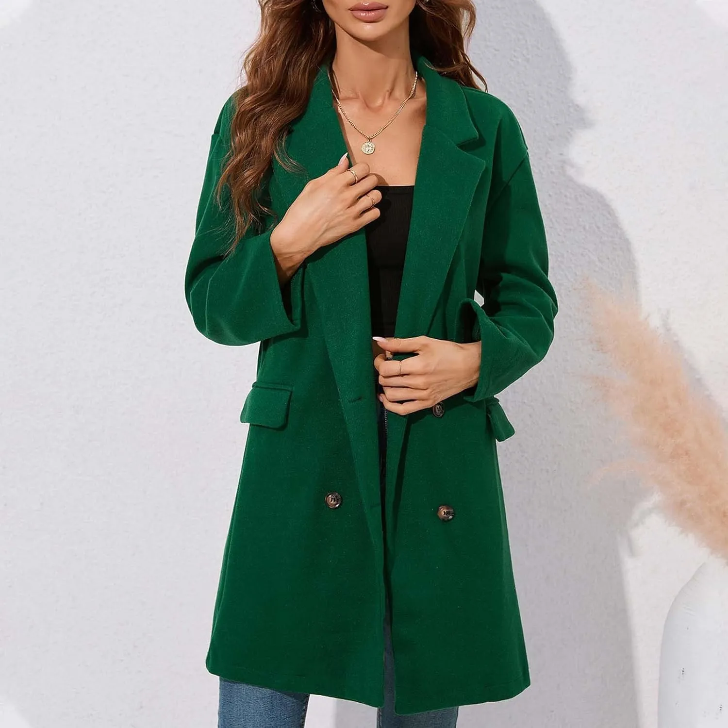 Peacoat Womens Coat Fashion Winter Notch Lapel Double Breasted Wool Blend Mid Long Pea Trench Coat Casual Outerwear