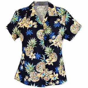 pineapple navy blue hawaiian lady blouse