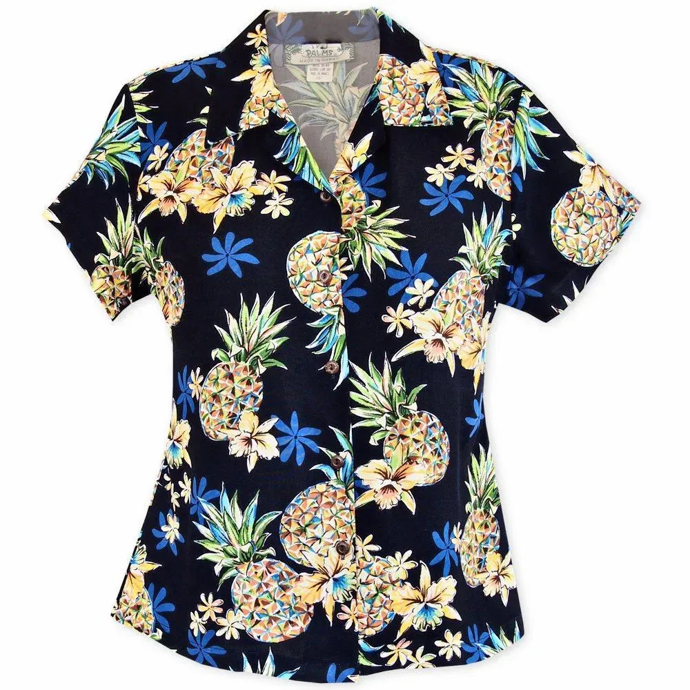 pineapple navy blue hawaiian lady blouse