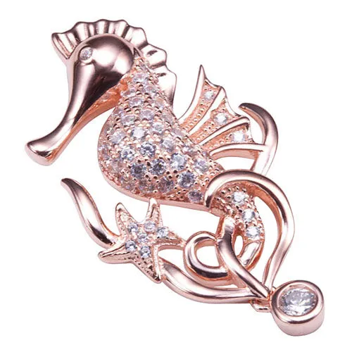 Pink Gold Plated Sterling Silver Pave CZ Seahorse Pendant(Chain Sold Separately)
