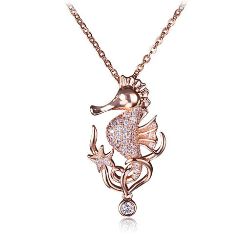 Pink Gold Plated Sterling Silver Pave CZ Seahorse Pendant(Chain Sold Separately)