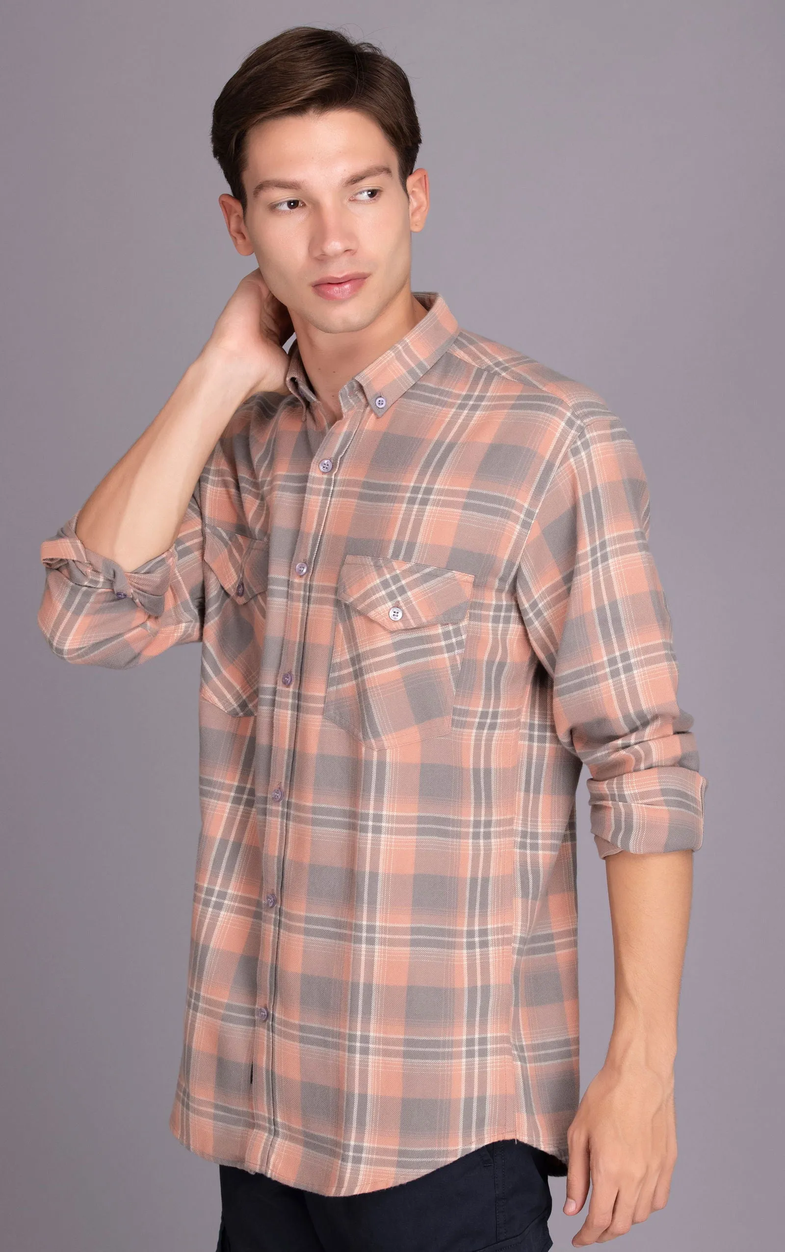 Pink-Grey PURE COTTON FLANNEL CHECKED CASUAL SHIRT
