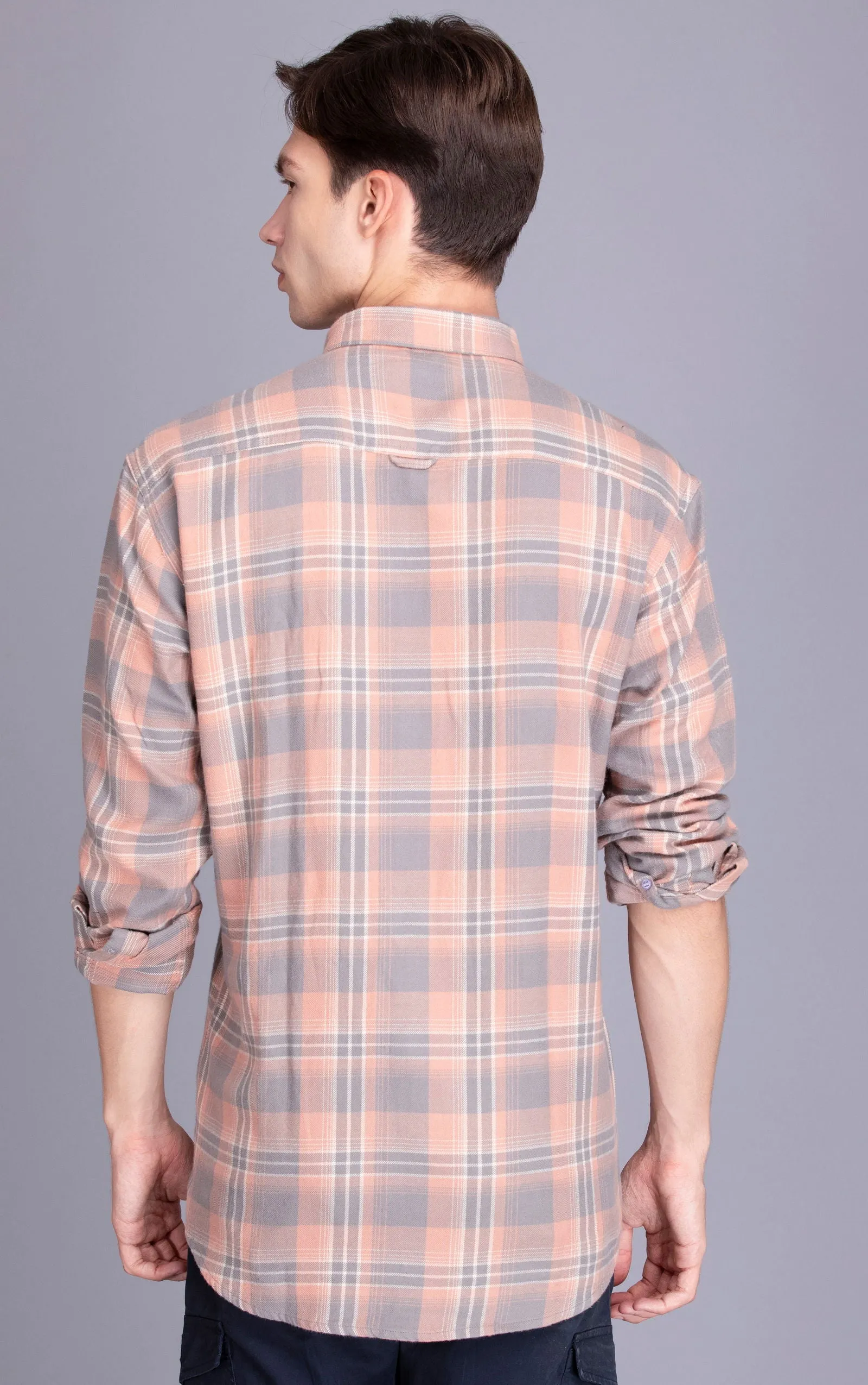 Pink-Grey PURE COTTON FLANNEL CHECKED CASUAL SHIRT