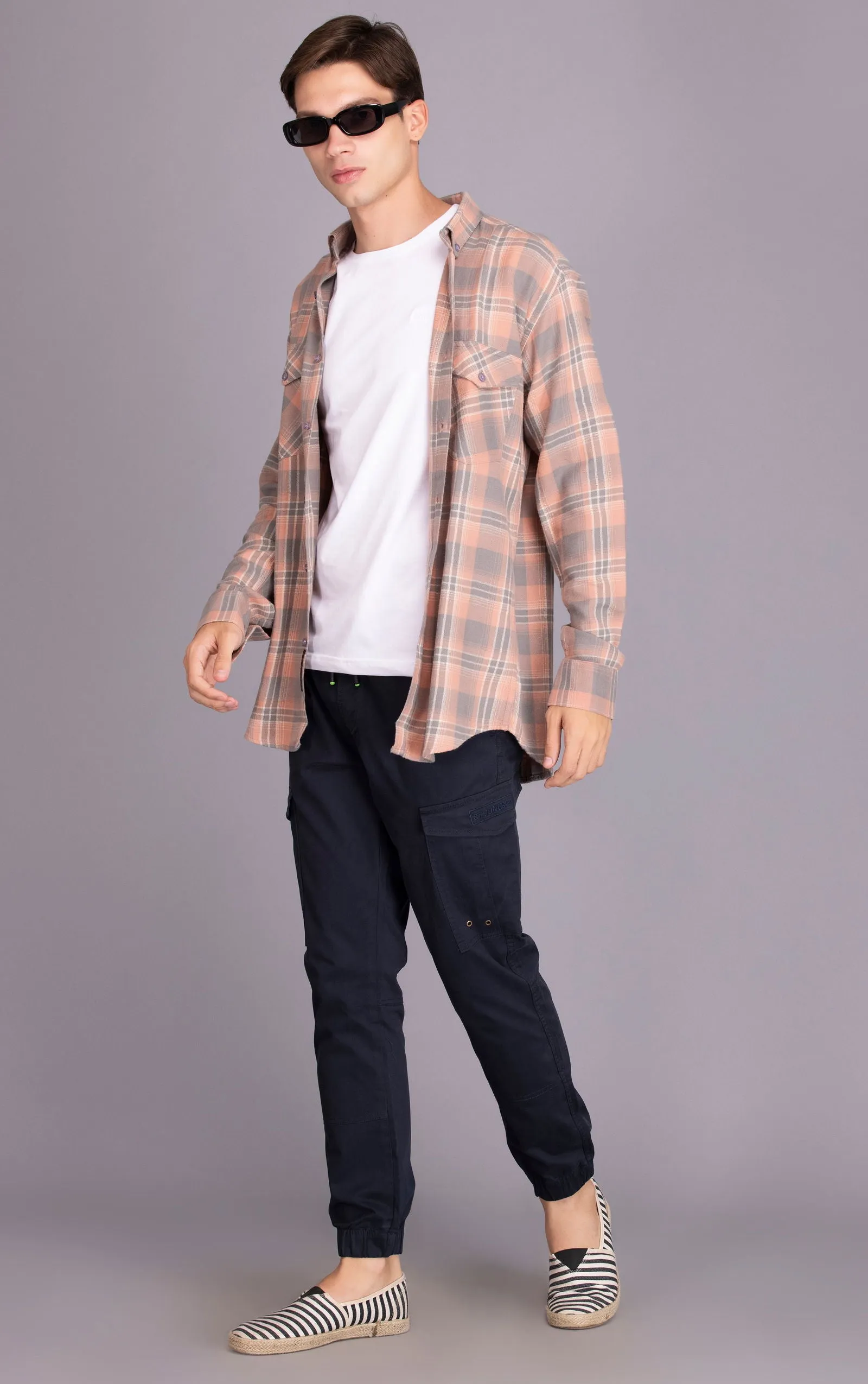 Pink-Grey PURE COTTON FLANNEL CHECKED CASUAL SHIRT