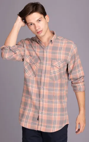 Pink-Grey PURE COTTON FLANNEL CHECKED CASUAL SHIRT