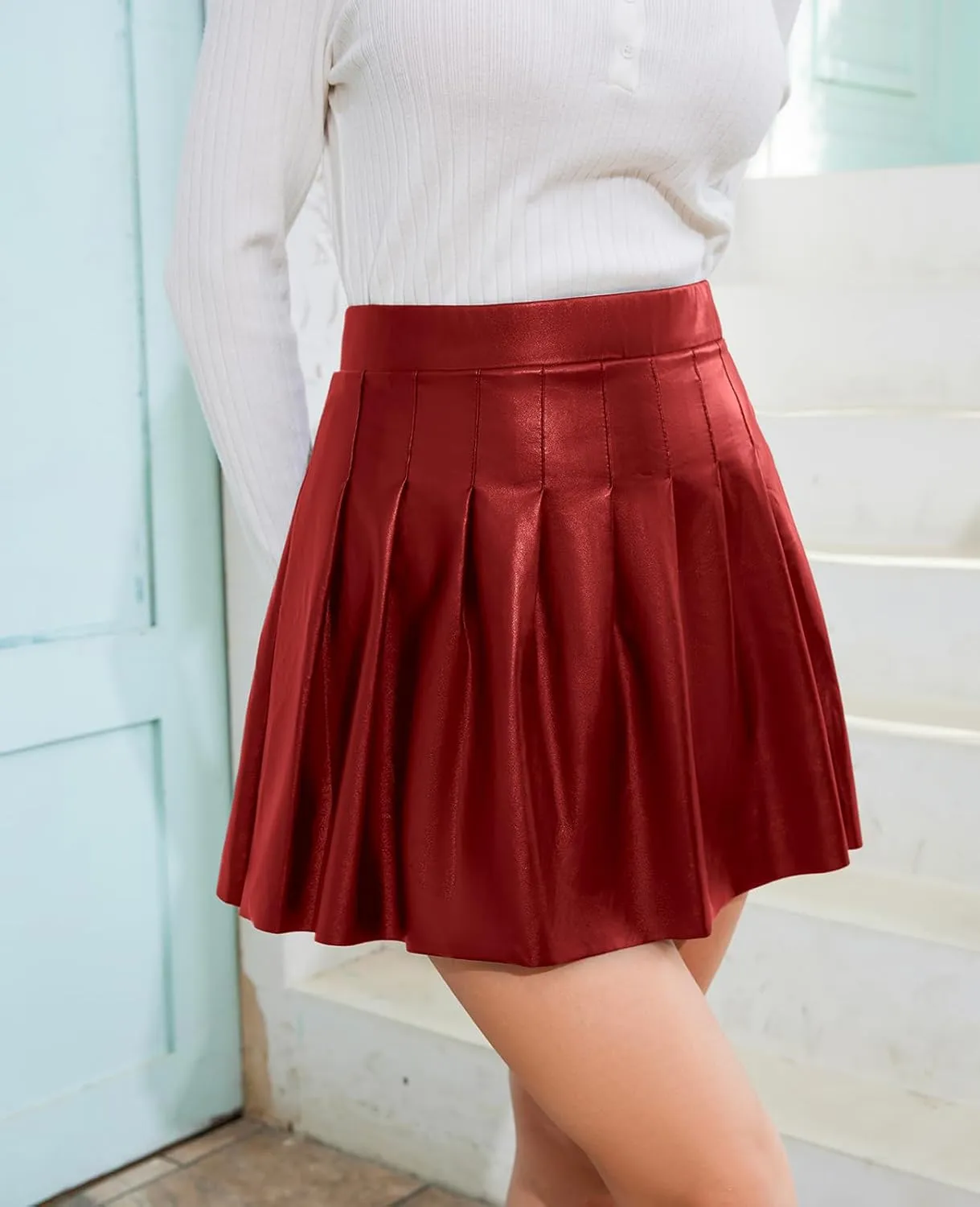 Pleated Leather Skirt PU High Waisted Leather Skirt Faux Leather Skirts - Classic and Versatile