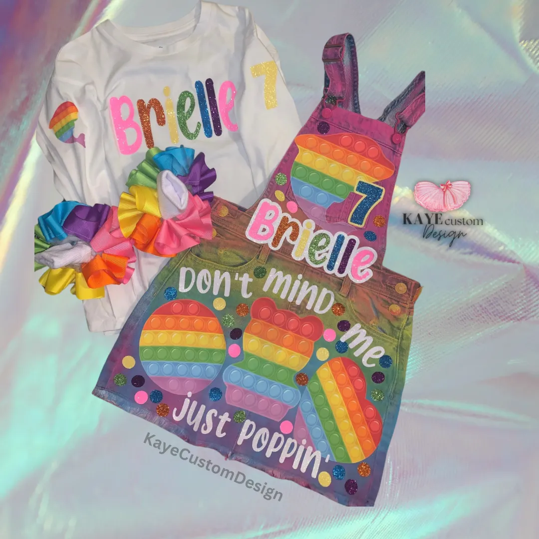 Pop it Birthday Girl Overalls Custom Denim Poppin Birthday Outfit Rainbow