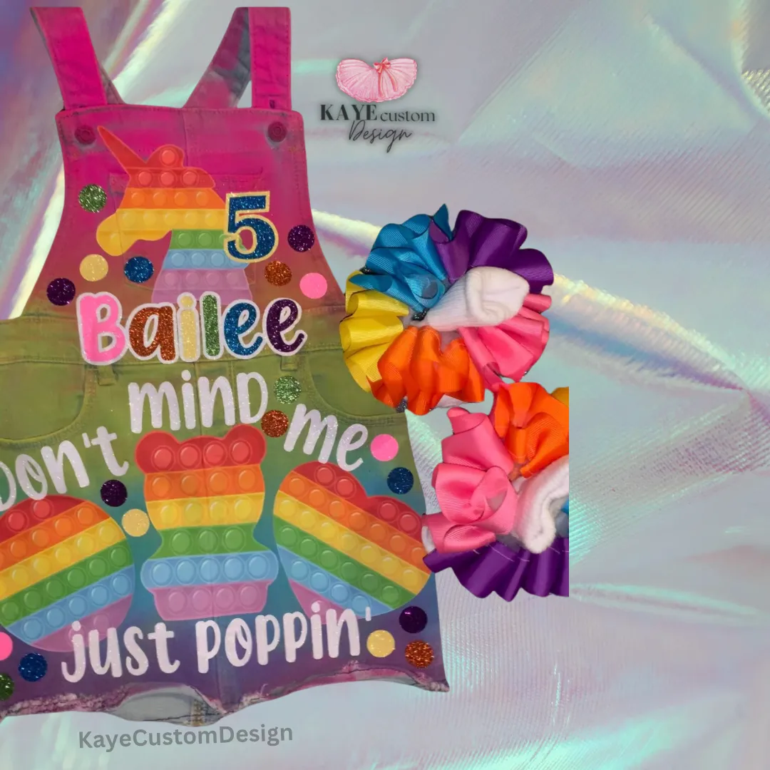 Pop it Birthday Girl Overalls Custom Denim Poppin Birthday Outfit Rainbow
