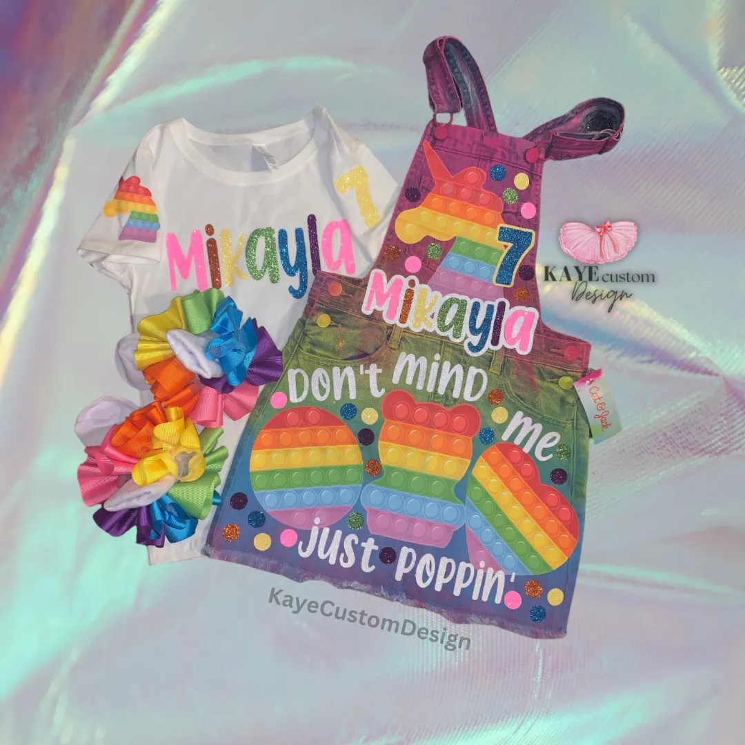 Pop it Birthday Girl Overalls Custom Denim Poppin Birthday Outfit Rainbow