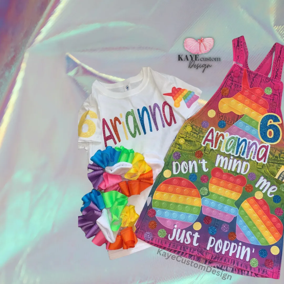 Pop it Birthday Girl Overalls Custom Denim Poppin Birthday Outfit Rainbow