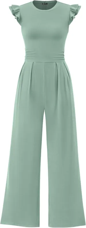 PRETTYGARDEN Summer Jumpsuits for Women Dressy 2025 Casual Ruffle Cap Sleeves Romper Crew Neck Rib Knit One Piece Outfits