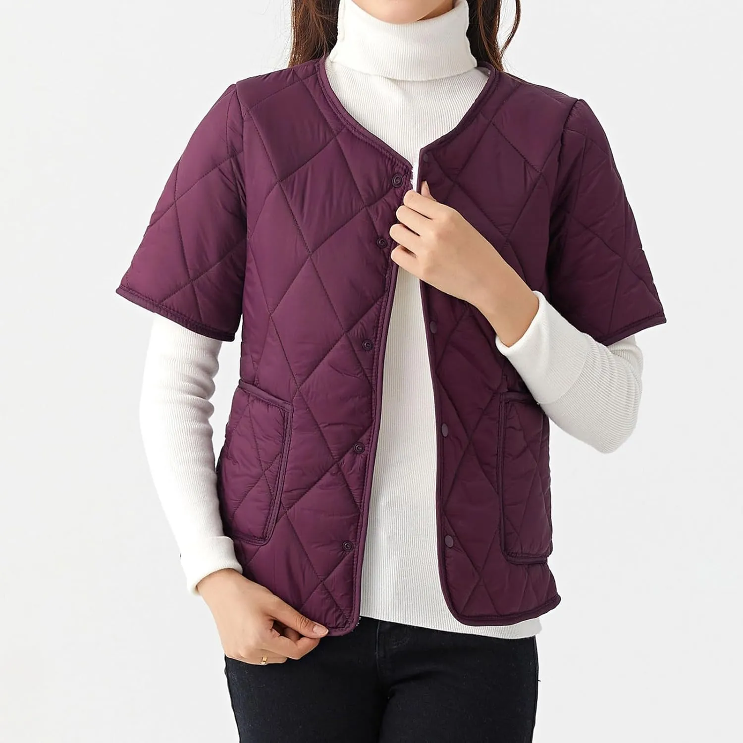 Quilted Jackets for Women Lightweight Short Sleeve Petite Puffer Down Jacket Parkas Button Fleece Sherpa Winter Coat