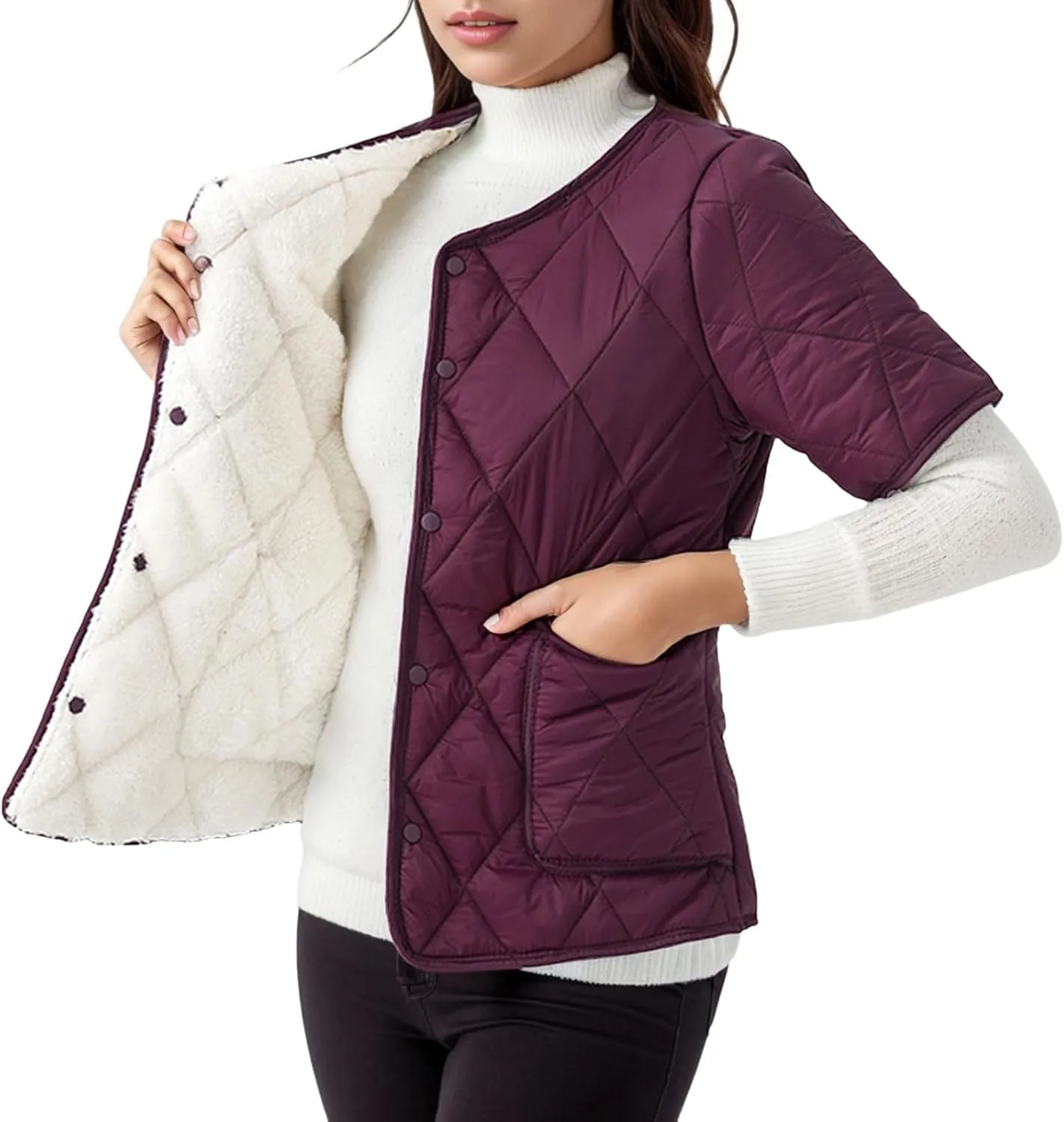 Quilted Jackets for Women Lightweight Short Sleeve Petite Puffer Down Jacket Parkas Button Fleece Sherpa Winter Coat