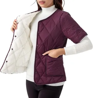 Quilted Jackets for Women Lightweight Short Sleeve Petite Puffer Down Jacket Parkas Button Fleece Sherpa Winter Coat
