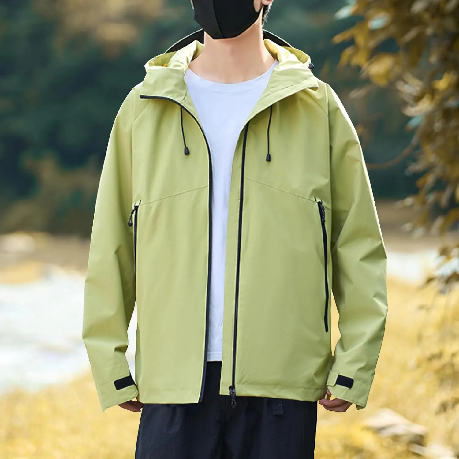 Rain Jacket Men Waterproof Lightweight Outdoor Hiking Expedition Raincoat Simple Style Soild Color Hooded Windbreaker