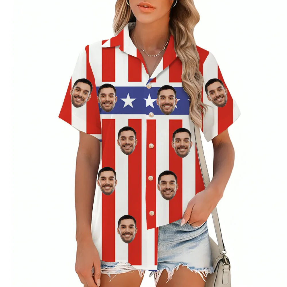 Red and White Stripes Star Print Women's Short-Sleeved Shirt Summer Tops American Independence Day Outfit