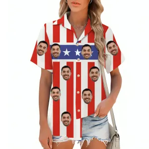 Red and White Stripes Star Print Women's Short-Sleeved Shirt Summer Tops American Independence Day Outfit