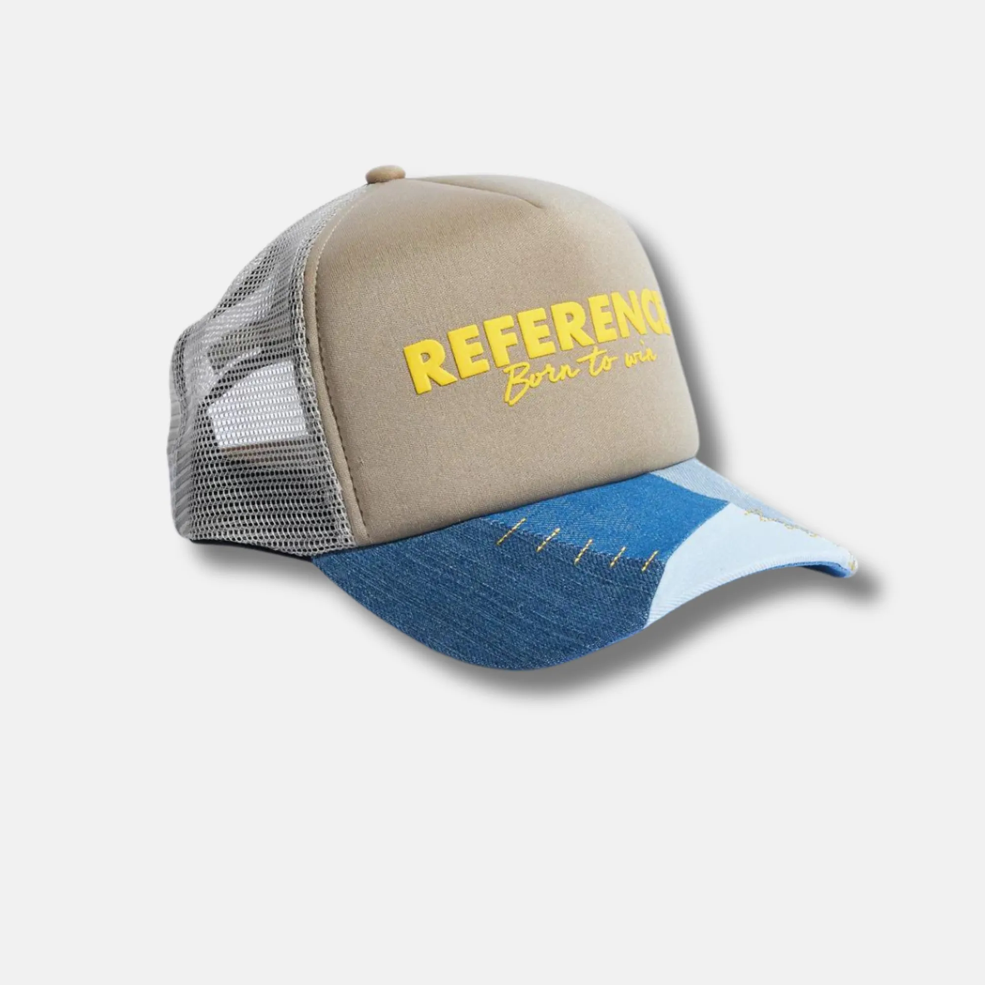 Reference Tan Denim Patchwork Trucker Snapback Hat
