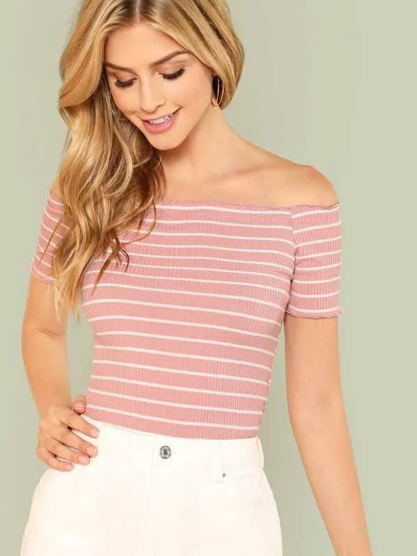 Ribbed Stripped Off-the-Shoulder Tee