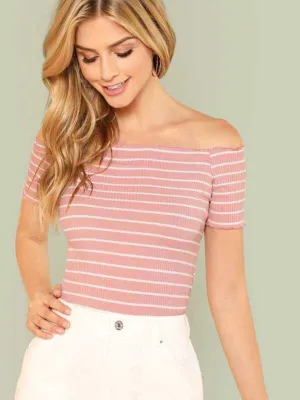 Ribbed Stripped Off-the-Shoulder Tee