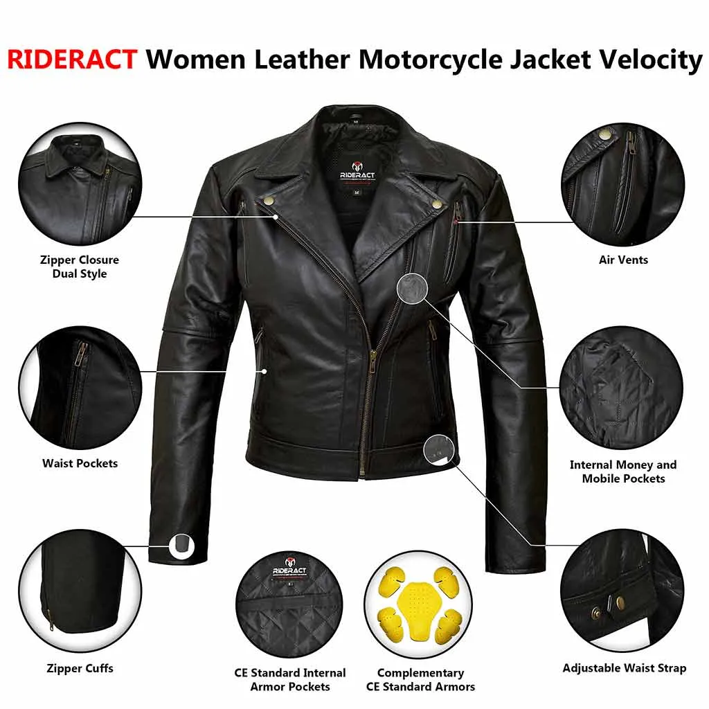 RIDERACT® Women Leather Motorcycle Jacket Black Velocity