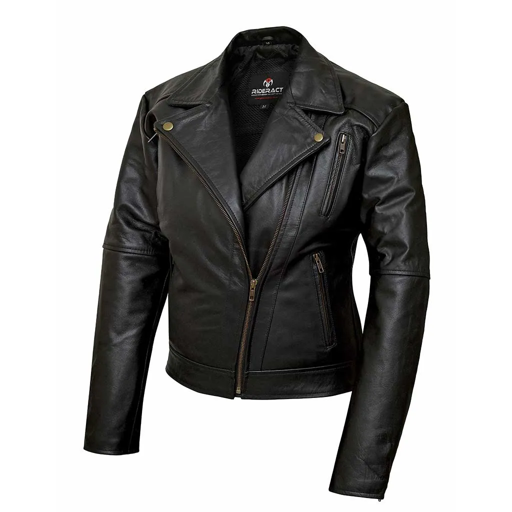 RIDERACT® Women Leather Motorcycle Jacket Black Velocity