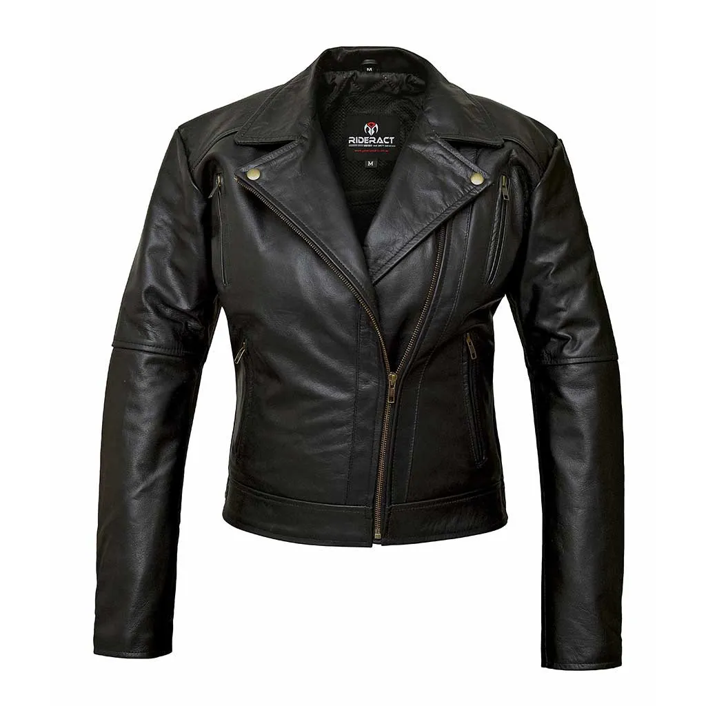 RIDERACT® Women Leather Motorcycle Jacket Black Velocity