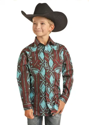 Rock & Roll Cowboy Boy's Aztec Brown & Turquoise Snap Up Western Shirt B8S1314