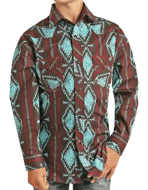 Rock & Roll Cowboy Boy's Aztec Brown & Turquoise Snap Up Western Shirt B8S1314