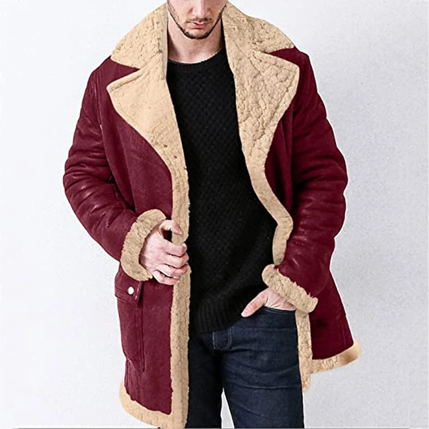 RTRDE Men's Coats Sherpa Lined Pea Coat Business Casual Trench Overcoat Long Jacket, L-5XL
