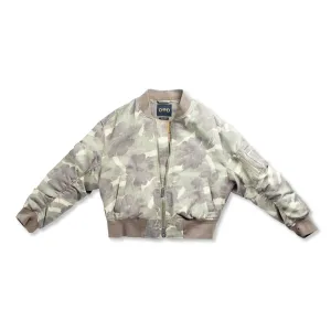 Ruched-Sleeve Floral Camo Blouson Jacket