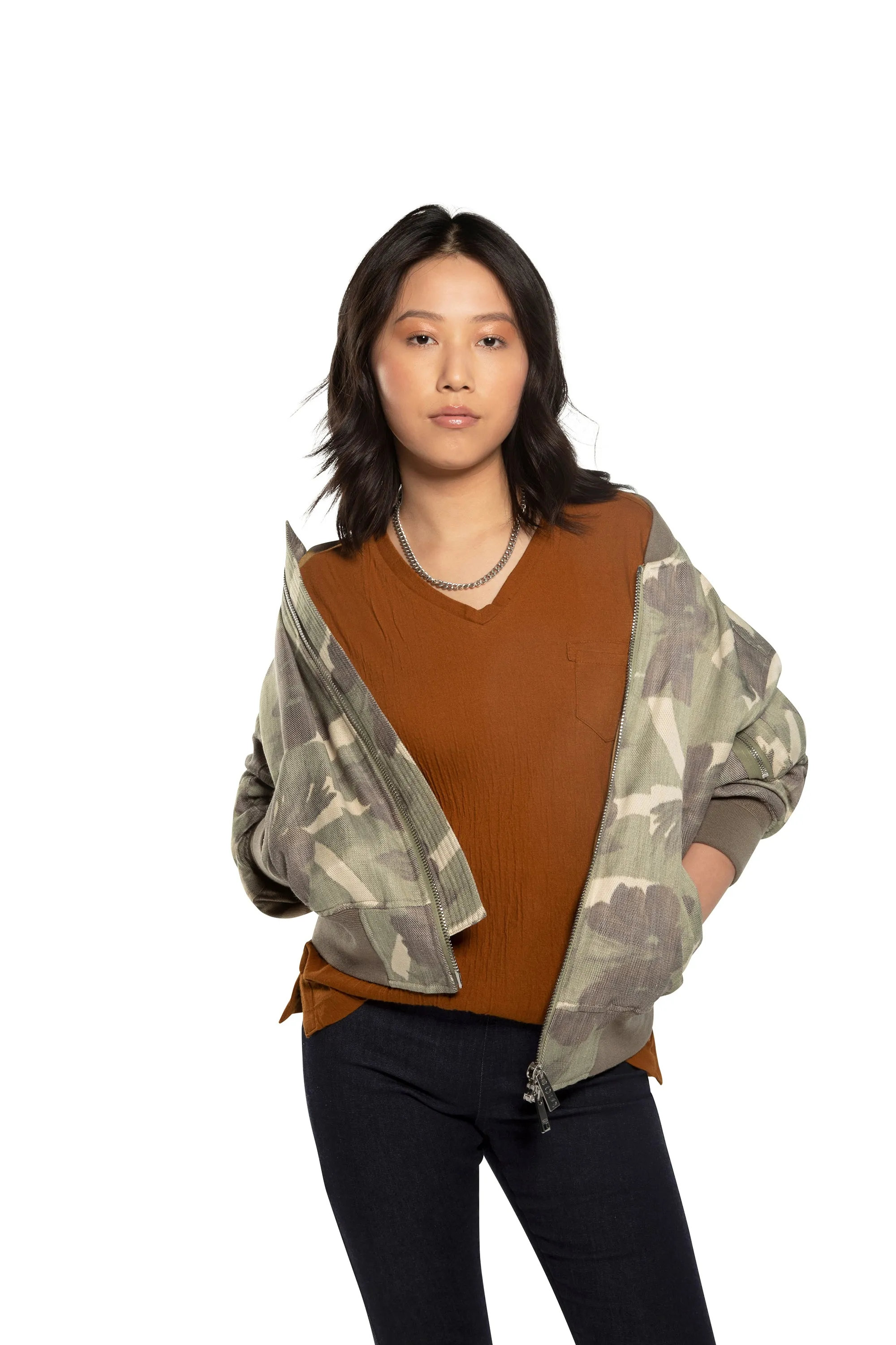 Ruched-Sleeve Floral Camo Blouson Jacket