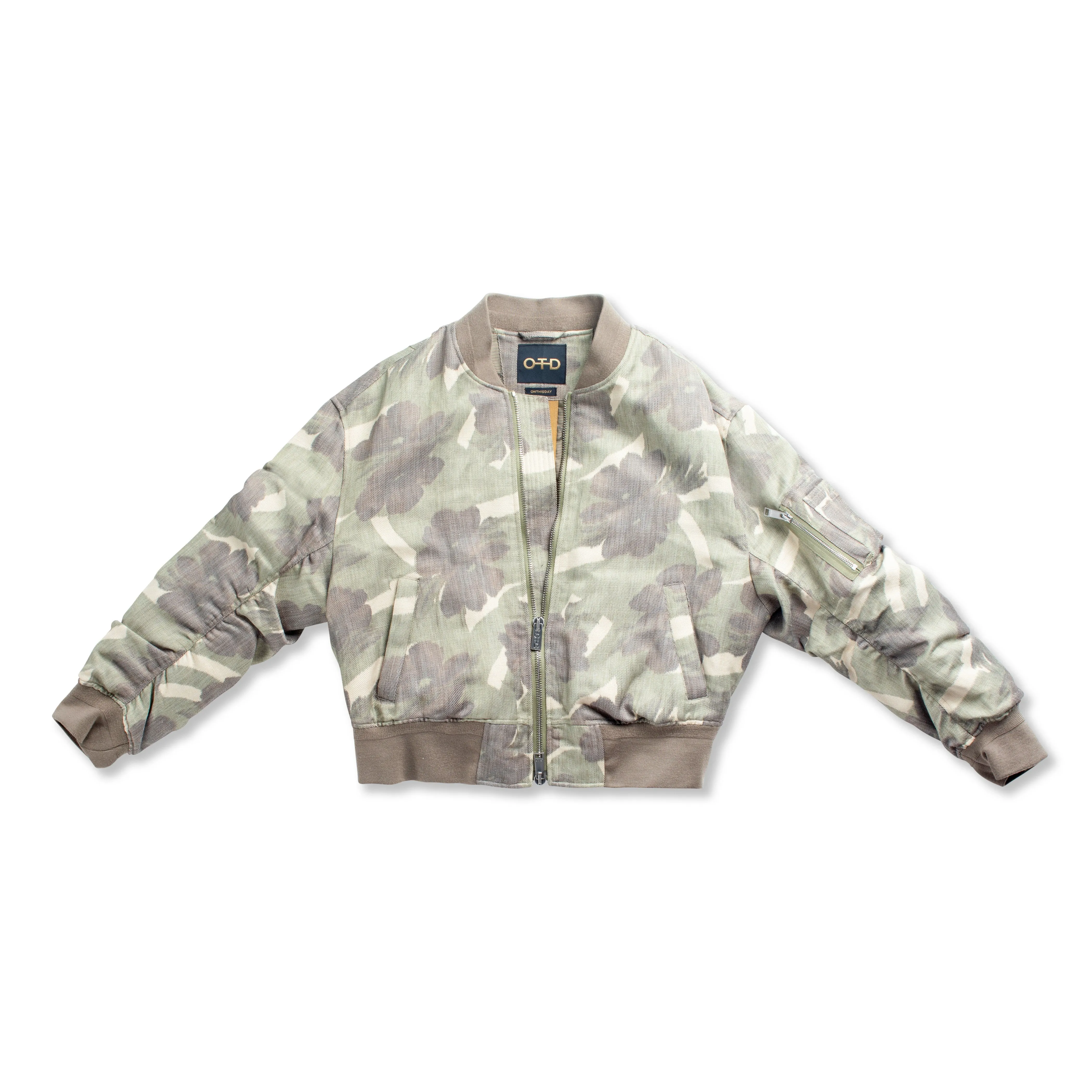 Ruched-Sleeve Floral Camo Blouson Jacket