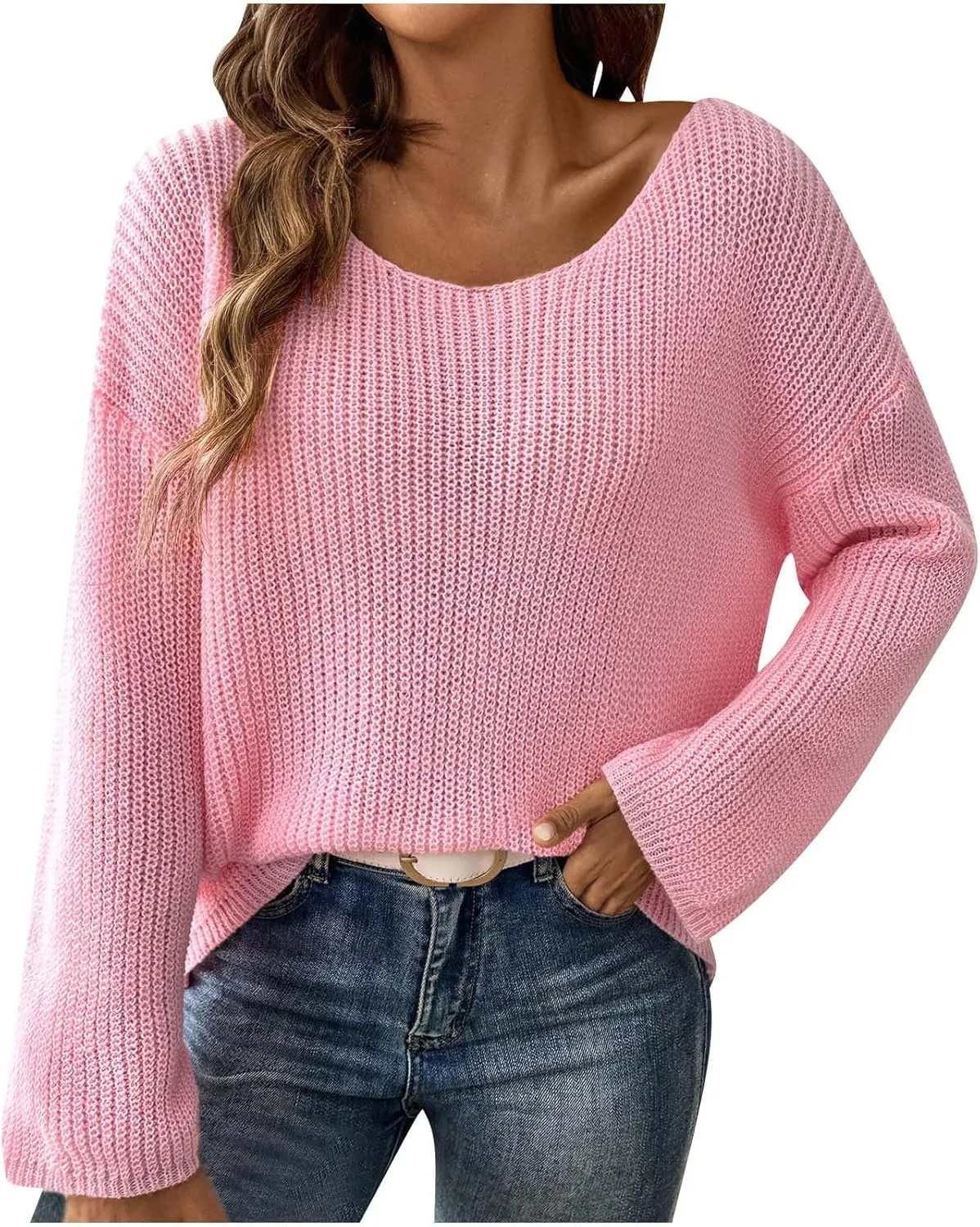 Ruziyoog Women Long Sleeve Shirts 2024 Fall Ribbed Knit Sweaters Crew Neck Oversized Loose Casual Pullover Tops Blouse