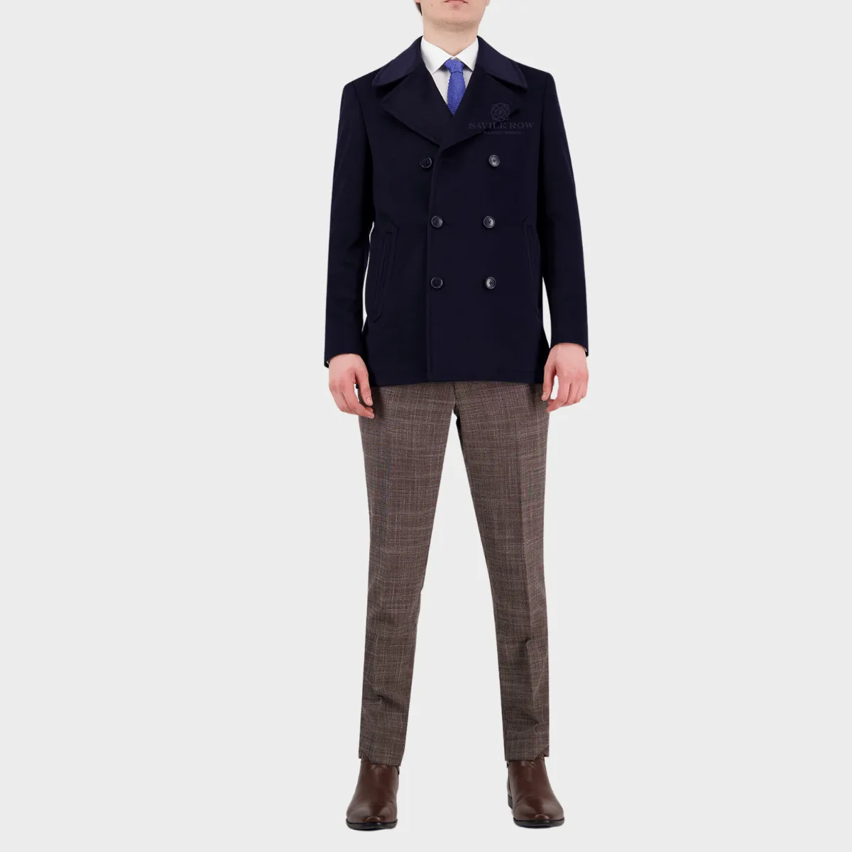 Savile Row Mens Jason Pea Coat in Navy Wool Cashmere Blend